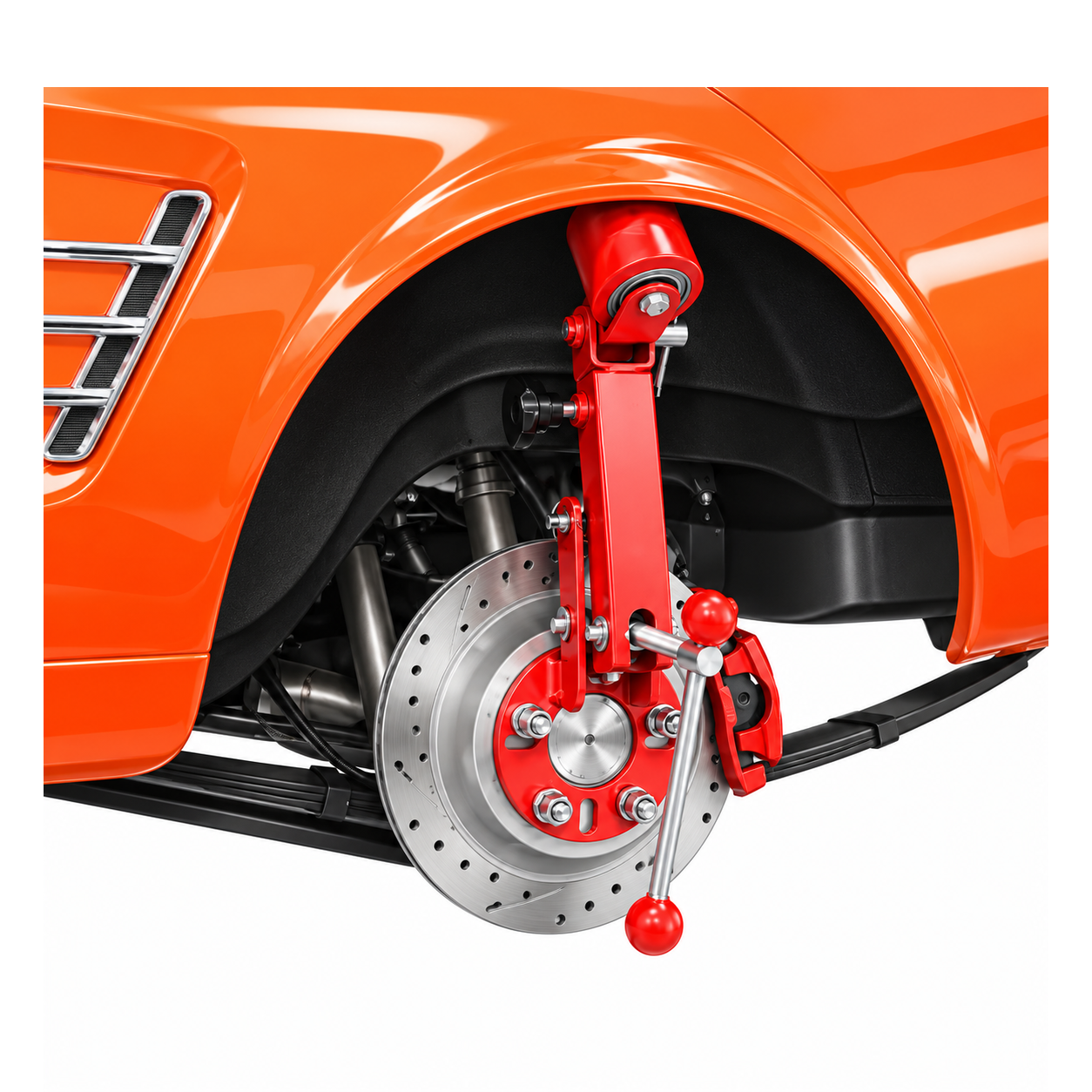 Fender rolling tool mounted on a wheel hub, rolling the inner lip of an orange fender