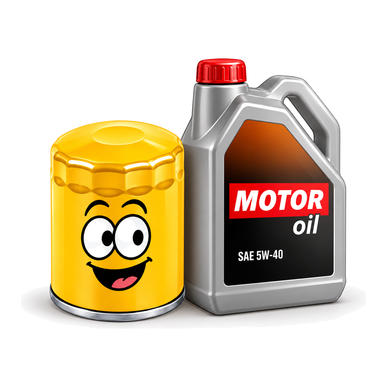 Yellow oil filter with a smiling face next to a grey motor oil jug labelled SAE 5W-40