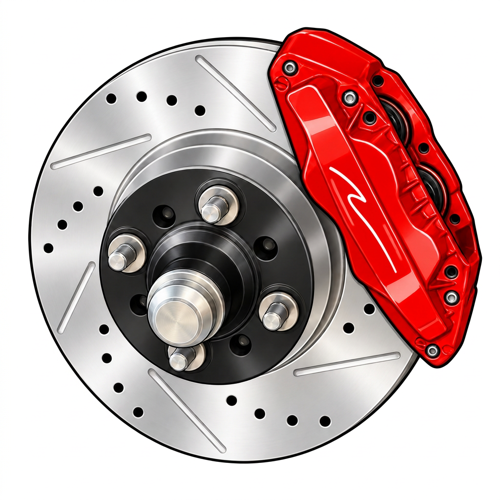 Red performance brake caliper on a drilled and slotted rotor