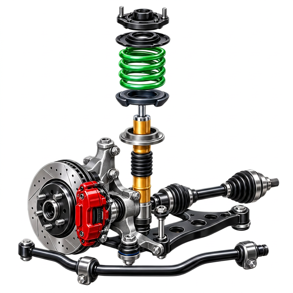 Front suspension assembly with a green coil spring, gold shock absorber, and brake rotor